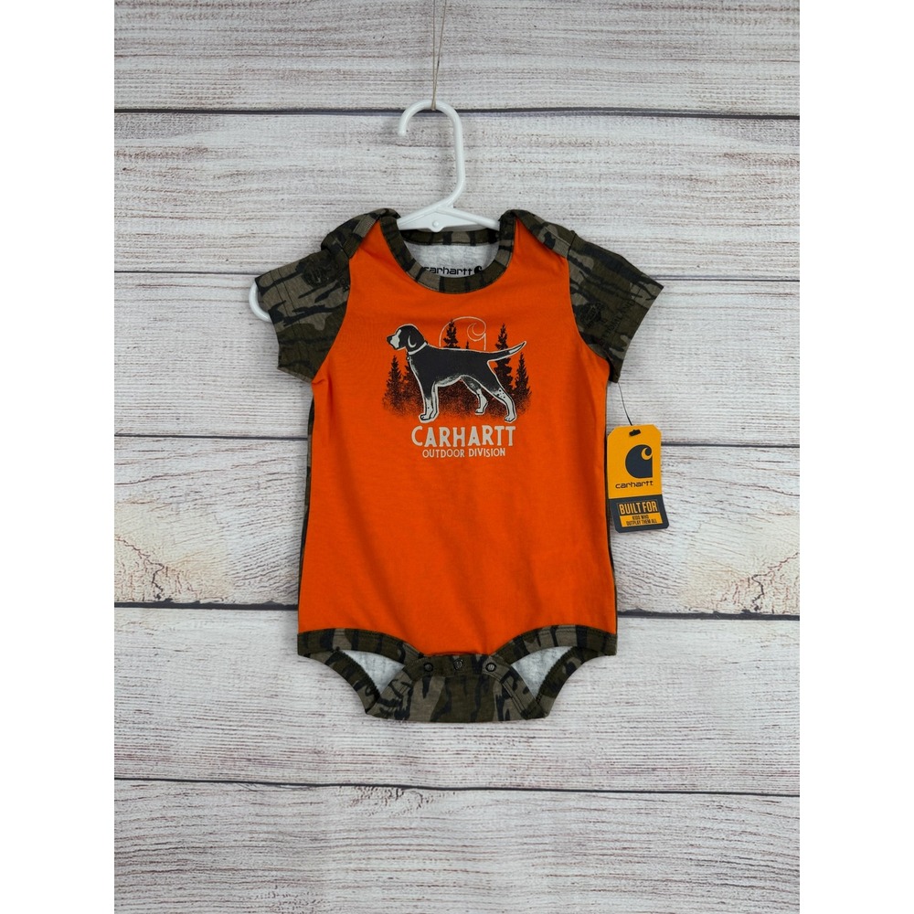 Carhartt Bodysuit Kids 6M Orange Camo Dog Graphic TK6403-B